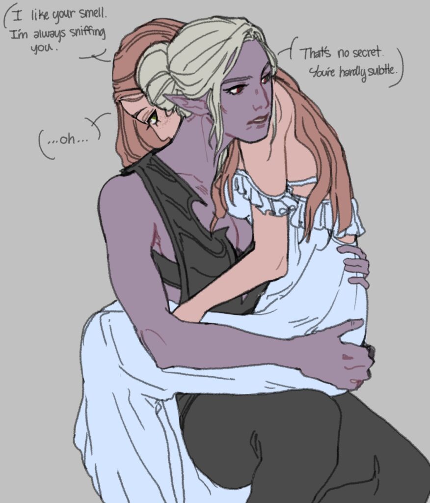 Artist: orphanedsource <a href="https://www.tumblr.com/orphanedsource/729993978183827456/i-still-cant-actually-trigger-mintharas-romance">source</a>